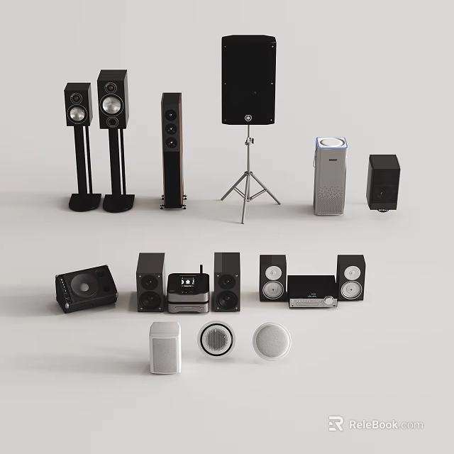 Various Home Audio Speakers Including Floor Standing Bookshelf Subwoofer and Satellite Units 3d model 