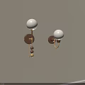 Modern Wooden Base Wall Lamps with White Spherical Shades Decorative Beads and Gold Chain