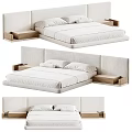 Modern Minimalist Double Bed With Upholstered Headboard And Wooden Side Tables
