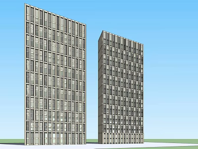 Modern Office Building Exterior Featuring Two Tall Structures With Regular Window Arrangement And Blue Sky 3d model