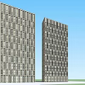 Modern Office Building Exterior Featuring Two Tall Structures With Regular Window Arrangement And Blue Sky