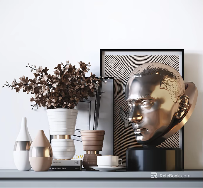 Decorative Ornament Set With Silver Head Sculpture Dried Flowers Vases And Framed Artwork 3d model 