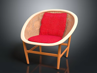 Stylish Leisure Chair With Wicker Backrest Red Cushion And Wooden Legs 3d model