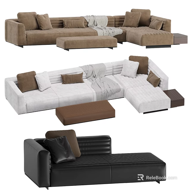 Sectional Sofa Set with Brown White Black Upholstered Modular Design and Ottoman 3d model