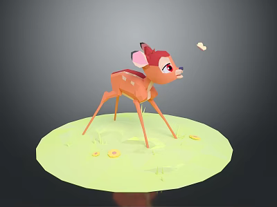 Cute Orange Fawn With White Spots Near Flying Butterfly On Green Platform With Yellow Flowers 3d model