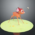 Cute Orange Fawn With White Spots Near Flying Butterfly On Green Platform With Yellow Flowers