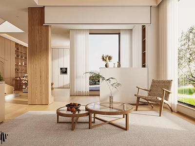 Minimalist Living Room Interior Design With Wooden Coffee Tables Wicker Chair And Natural Light 3d model