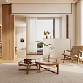 Minimalist Living Room Interior Design With Wooden Coffee Tables Wicker Chair And Natural Light