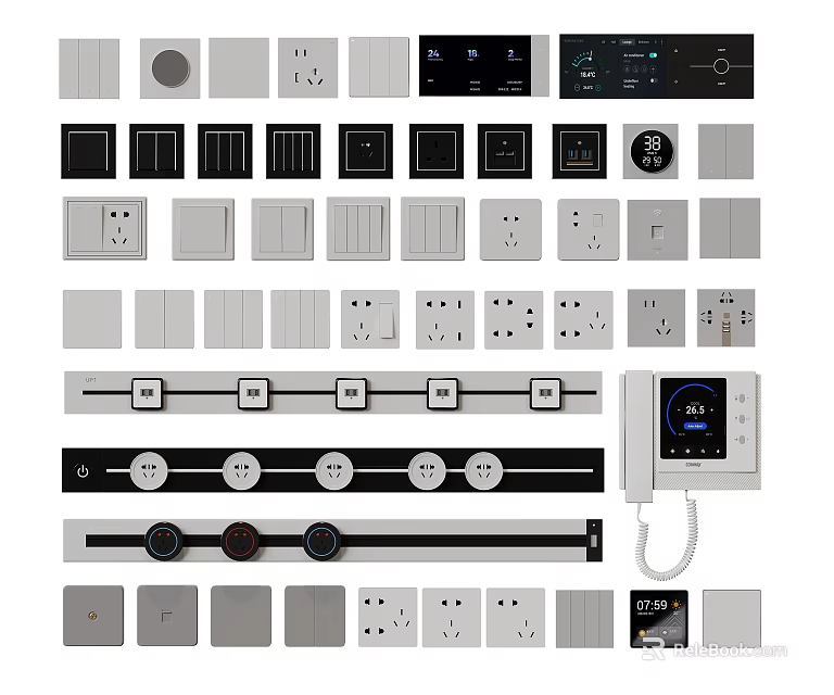 Various Styles of Modern Switch Panels in Black White Gray with Sockets and Controls 3d model 