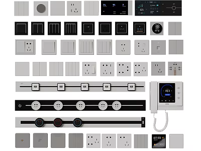 Various Styles of Modern Switch Panels in Black White Gray with Sockets and Controls 3d model