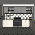 Modern Kitchen Interior With White And Gray Cabinets Black Oven And Patterned Tile Floor 3d model
