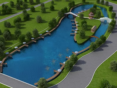 Scenic Park Landscape With Blue River Green Lawn Trees And Wooden Bridge 3d model