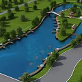 Scenic Park Landscape With Blue River Green Lawn Trees And Wooden Bridge