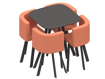 Modern Dining Set With Square Black Tabletop And Orange Chairs With Black Legs 3d model