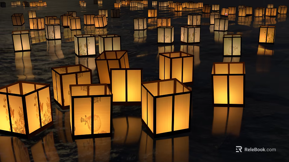 Numerous Elegant Square Decorative Lights With Traditional Patterns Floating On Water Surface Illuminated 3d model 