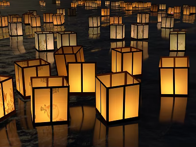 Numerous Elegant Square Decorative Lights With Traditional Patterns Floating On Water Surface Illuminated 3d model