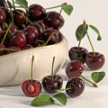 Fresh Ripe Cherries in Ceramic Bowl with Green Leaves and Scattered Berries