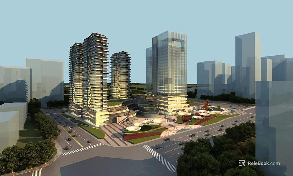 Modern Commercial Complex Featuring High Rise Buildings Open Plaza Greenery and Traffic Roads 3d model 