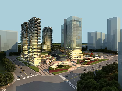 Modern Commercial Complex Featuring High Rise Buildings Open Plaza Greenery and Traffic Roads 3d model