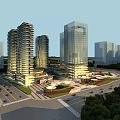 Modern Commercial Complex Featuring High Rise Buildings Open Plaza Greenery and Traffic Roads