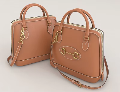 Brown Leather Handbags With Metal Accents And Straps 3d model