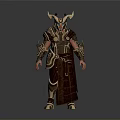 Woman Dressed In Mythical Warrior Armor With Horned Helmet Red Robe And Gold Accents