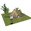 Camping Tent Setup On Green Grass With Chairs Table Lantern And Plants 3d model