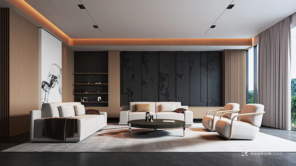 Modern Living Room Interior With Sofas Coffee Table And Decorative Wall 3d model