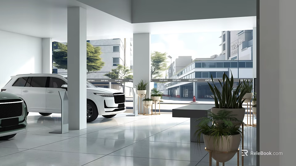 Modern Car Dealership Showroom With White SUV On Display Interior Plants And Large Windows 3d model 