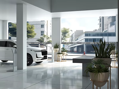 Modern Car Dealership Showroom With White SUV On Display Interior Plants And Large Windows 3d model