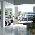 Modern Car Dealership Showroom With White SUV On Display Interior Plants And Large Windows