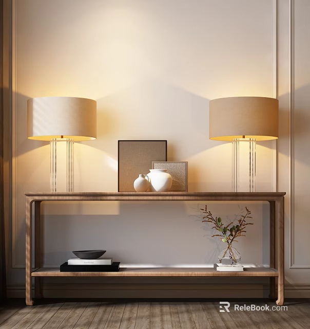 Modern Console Table with Table Lamps Picture Frame Ceramic Vases Books and Plant 3d model 