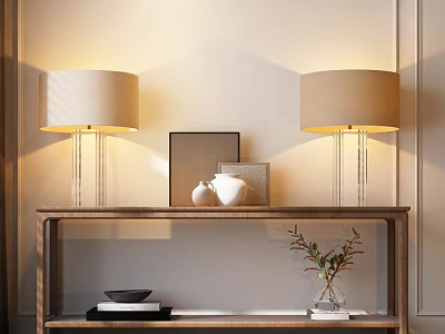 Modern Console Table with Table Lamps Picture Frame Ceramic Vases Books and Plant 3d model