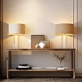 Modern Console Table with Table Lamps Picture Frame Ceramic Vases Books and Plant