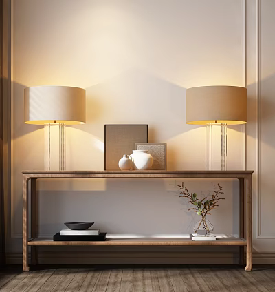 Modern Console Table with Table Lamps Picture Frame Ceramic Vases Books and Plant 3d model
