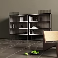 Modern Decorative Cabinet With Striped Design Open Shelves Accent Chair And Green Fruits