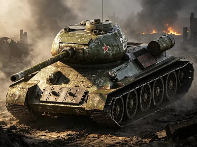 Military Tank In Camouflage Paint With Red Star Emblem On Battlefield Ruined City Flames Smoke 3d model