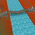 Scenic Wooden Landscape Bridge Over Small River Amid Red Flower Fields And Stone Path