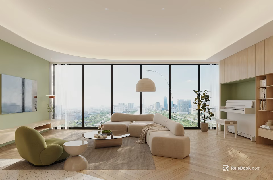 Open Concept Living Dining Space With City View Large Windows 3d model