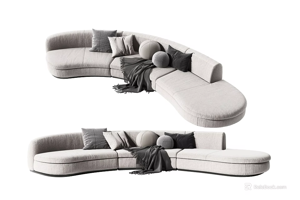 Curved Light Gray Upholstered Sectional Sofa With Throw Pillows And Blanket 3d model