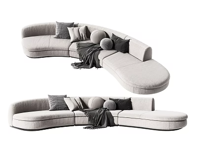 Curved Light Gray Upholstered Sectional Sofa With Throw Pillows And Blanket 3d model