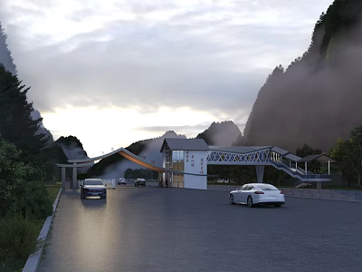 Scenic Mountain Entrance Gate With Misty Natural Surroundings And Cars On Driveway 3d model