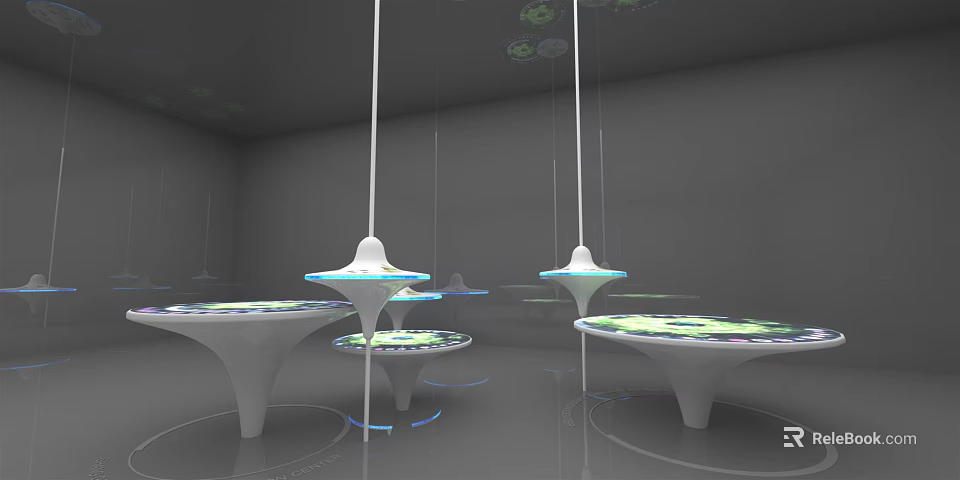 Modern Public Facility Interior With Unique White Cone Shaped Tables Illuminated Patterns And Hanging Devices 3d model