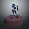 Blue Robot Model Standing On Red Circular Base Against Dark Background 3d model