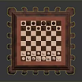 Chessboard With Wooden Fortress Style Base Displaying Black And White Pieces