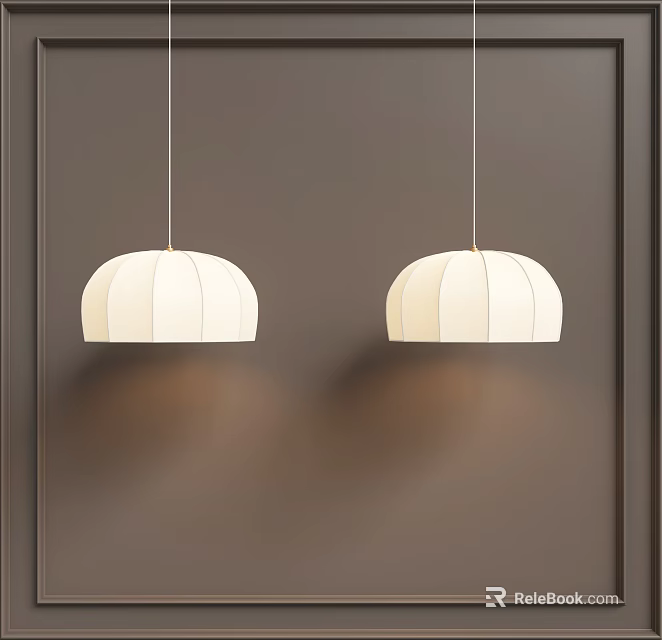 Two White Striped Design Pendant Lights Hanging Against Dark Wall Background 3d model