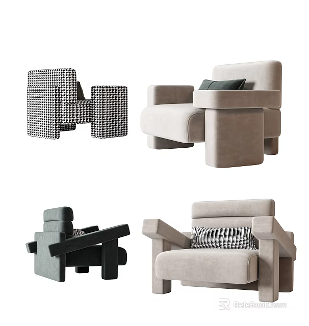 Modern Leisure Chairs With Various Designs Colors And Patterned Accent Pillows 3d model 