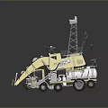 Yellow Utility Vehicle With Tower Antennas Red Flags Mechanical Arm And Large Wheels For Engineering