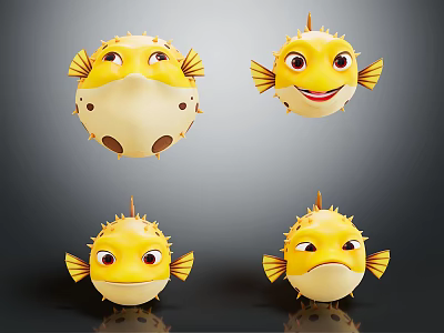 Cute Yellow Pufferfish Game And Movie Characters With Spikes And Different Expressions 3d model