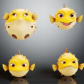 Cute Yellow Pufferfish Game And Movie Characters With Spikes And Different Expressions